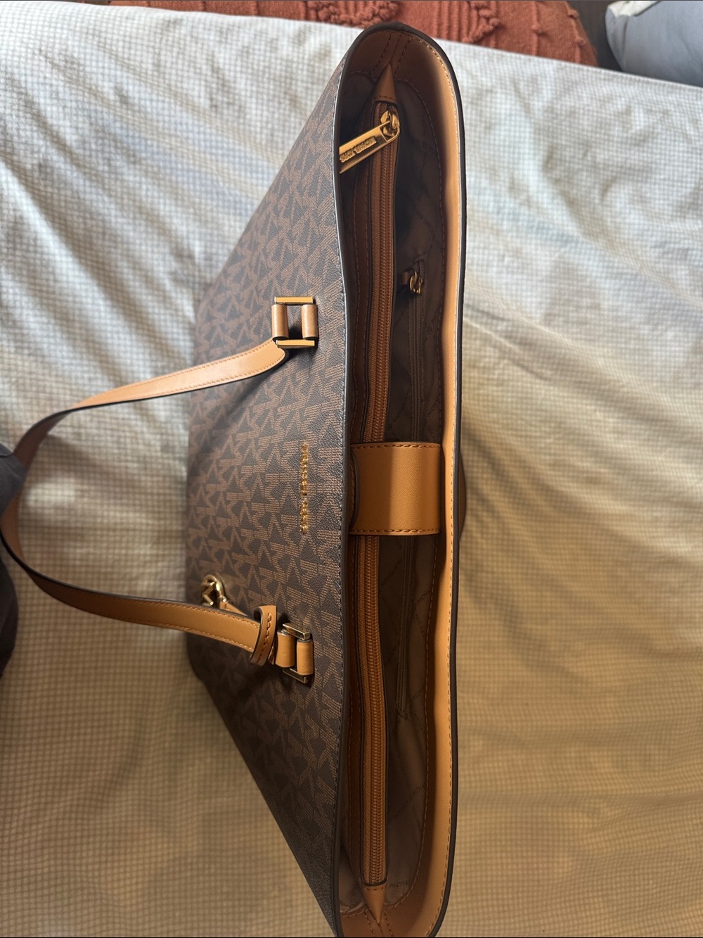 Michael Kors Brown MK Logo Tote with Tan Straps - Picture 2 of 5